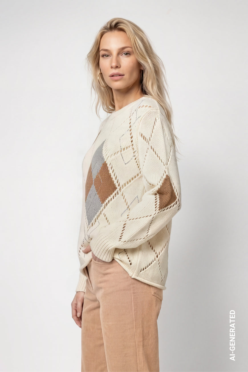 Monari 809927 Classic Off White Argyle Diamond Pattern Jumper With Long Sleeves