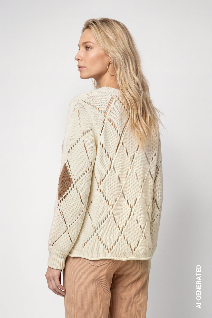 Monari 809927 Classic Off White Argyle Diamond Pattern Jumper With Long Sleeves