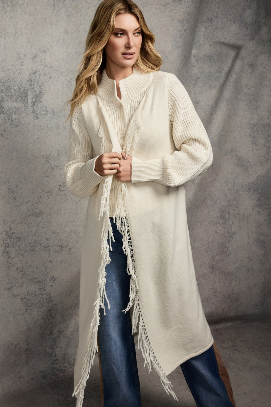 Monari 809956 Off White Long Line Duster Style Jacket With Stand Up Collar