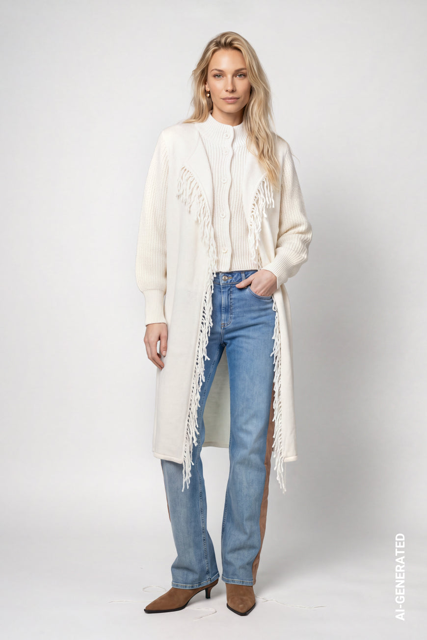 Monari 809956 Off White Long Line Duster Style Jacket With Stand Up Collar