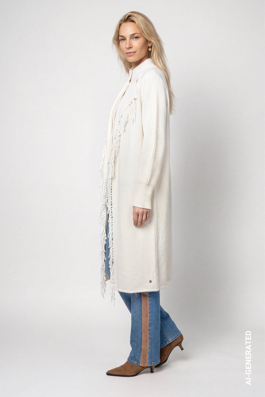 Monari 809956 Off White Long Line Duster Style Jacket With Stand Up Collar