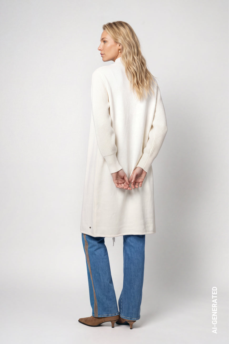 Monari 809956 Off White Long Line Duster Style Jacket With Stand Up Collar