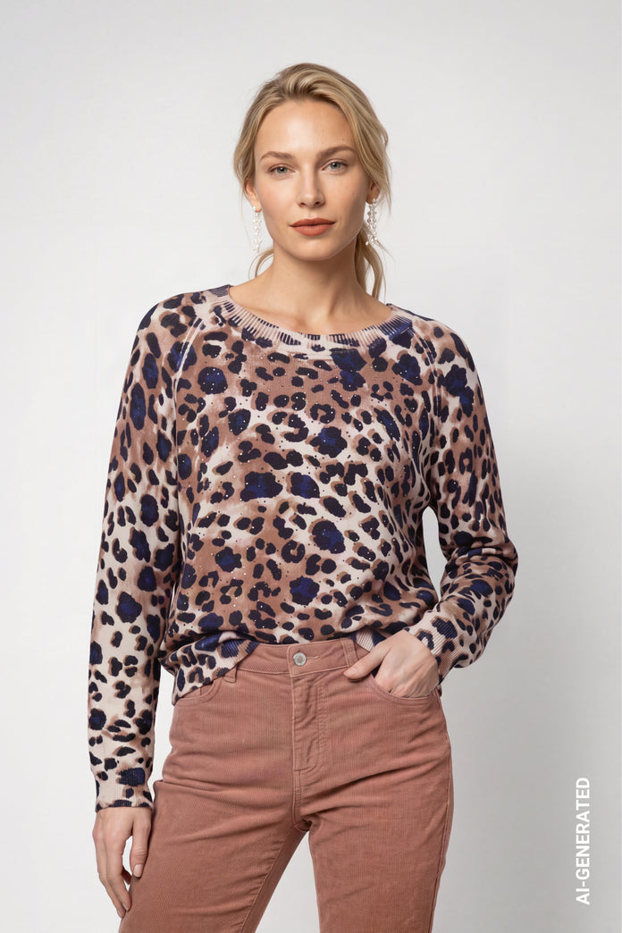 Monari 810167 Long Sleeves Round Neck Sequin Jumper With Leopard Print Allover