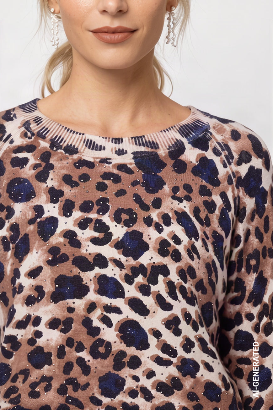 Monari 810167 Long Sleeves Round Neck Sequin Jumper With Leopard Print Allover
