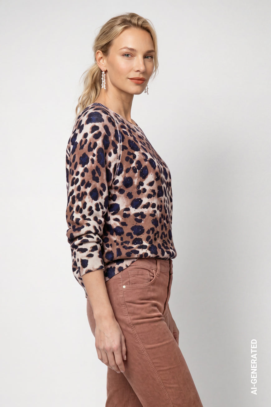 Monari 810167 Long Sleeves Round Neck Sequin Jumper With Leopard Print Allover