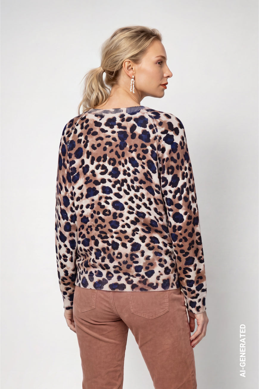 Monari 810167 Long Sleeves Round Neck Sequin Jumper With Leopard Print Allover