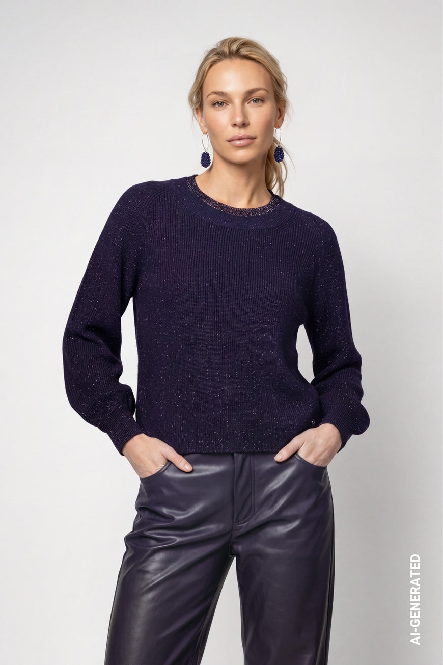 Monari 810402 Navy Blue Diamante Round Neck Detail Jumper With Long Sleeves