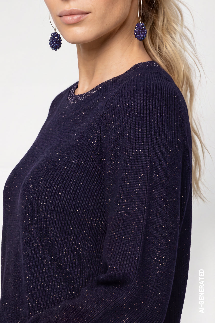 Monari 810402 Navy Blue Diamante Round Neck Detail Jumper With Long Sleeves