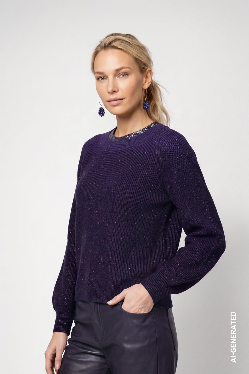 Monari 810402 Navy Blue Diamante Round Neck Detail Jumper With Long Sleeves