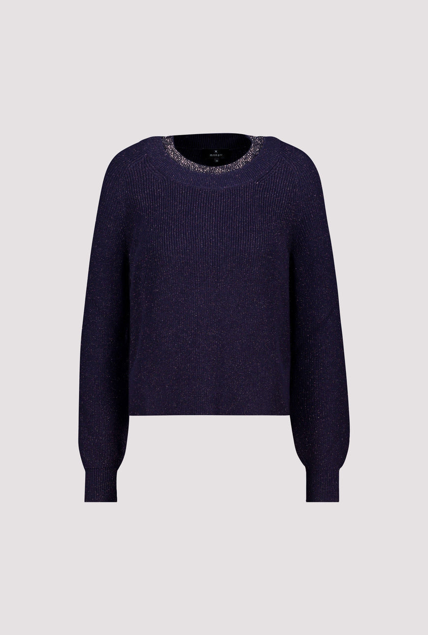 Monari 810402 Navy Blue Diamante Round Neck Detail Jumper With Long Sleeves