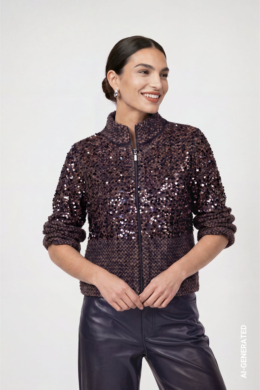 Monari 810408 Navy Blue Sequin Chest Stand Up Collar Schmuck