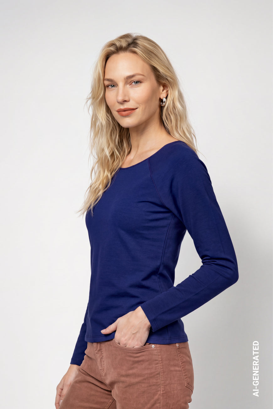 Monari 810542 Essential Classic Blue Round Neck Long Sleeves Top