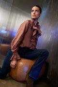 Monari 810223 Tiramisu Color Blouse With Ruffles Along The Stand Up Collar And Cuffs