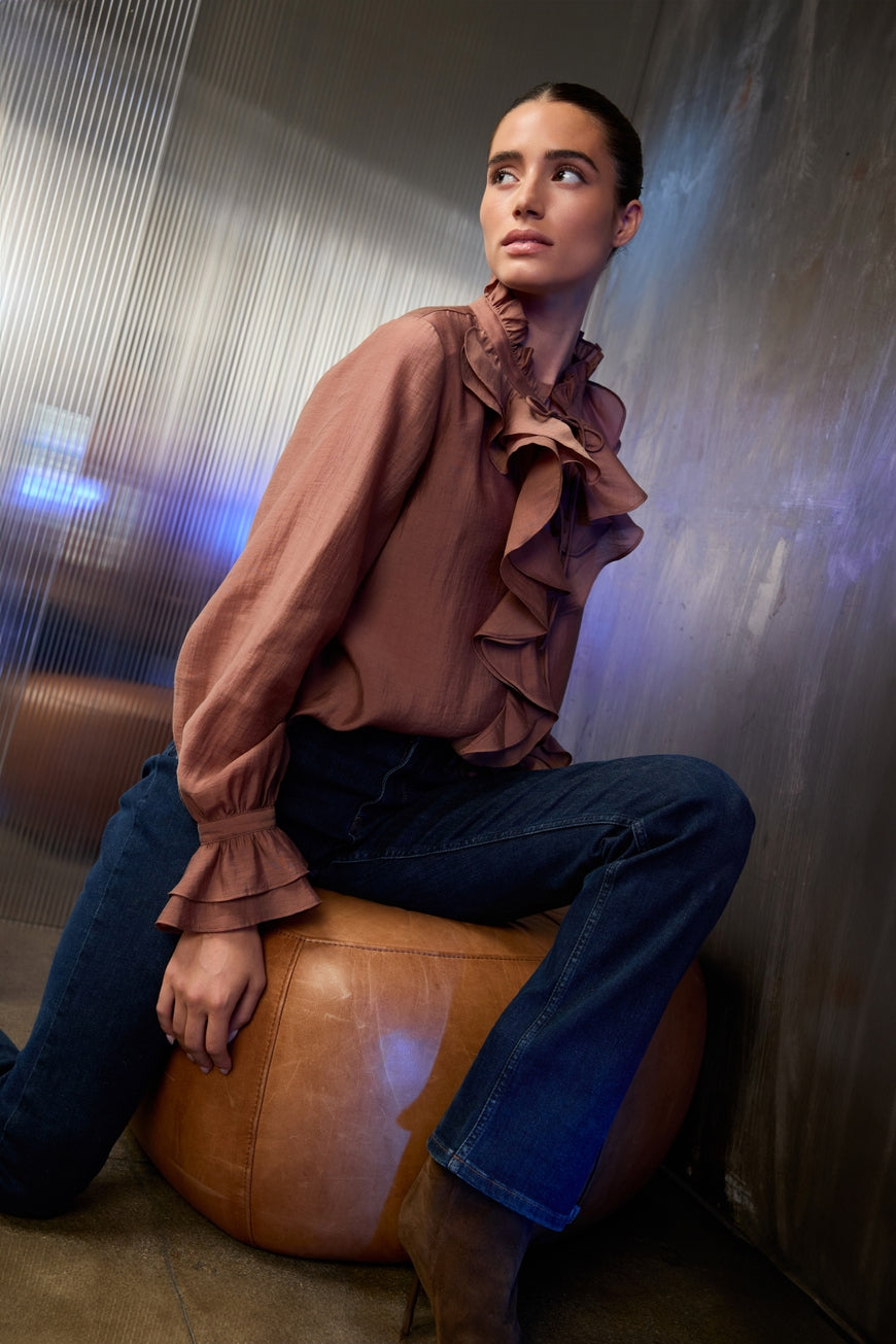 Monari 810223 Tiramisu Color Blouse With Ruffles Along The Stand Up Collar And Cuffs