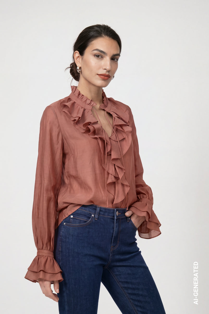 Monari 810223 Tiramisu Color Blouse With Ruffles Along The Stand Up Collar And Cuffs