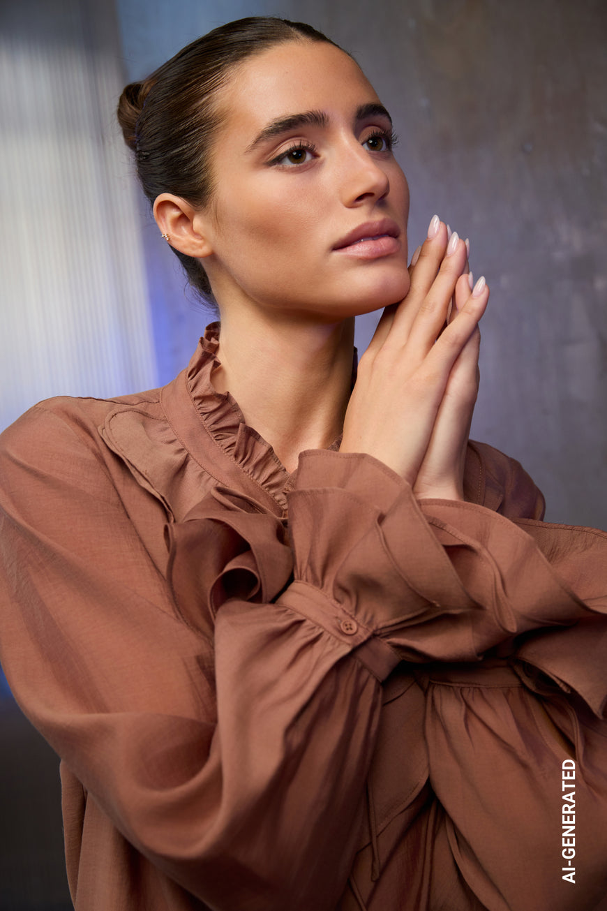 Monari 810223 Tiramisu Color Blouse With Ruffles Along The Stand Up Collar And Cuffs