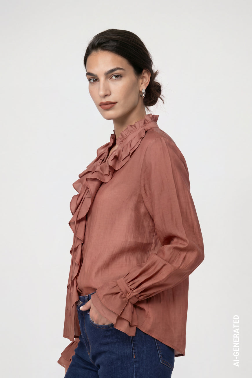 Monari 810223 Tiramisu Color Blouse With Ruffles Along The Stand Up Collar And Cuffs