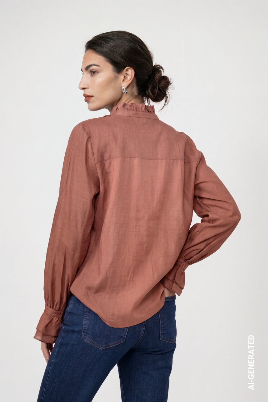 Monari 810223 Tiramisu Color Blouse With Ruffles Along The Stand Up Collar And Cuffs