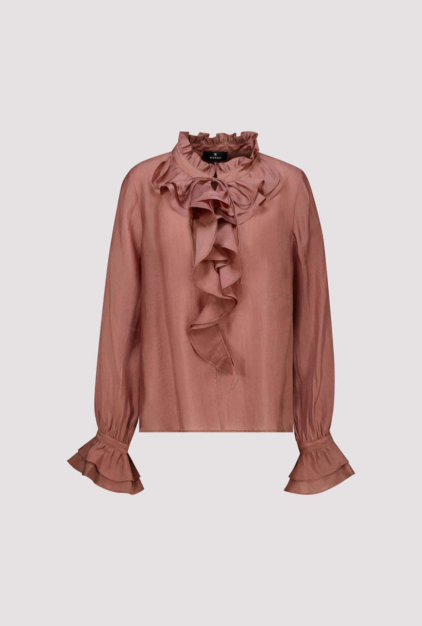 Monari 810223 Tiramisu Color Blouse With Ruffles Along The Stand Up Collar And Cuffs