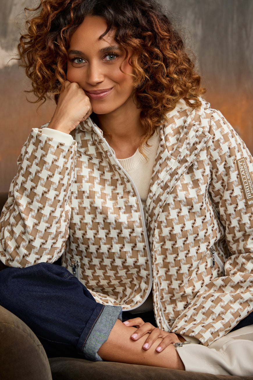 Monari 810142 Classic Hood Houndstooth Pattern Jacket With Front Zipper In Sesame Color