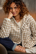 Monari 810142 Classic Hood Houndstooth Pattern Jacket With Front Zipper In Sesame Color