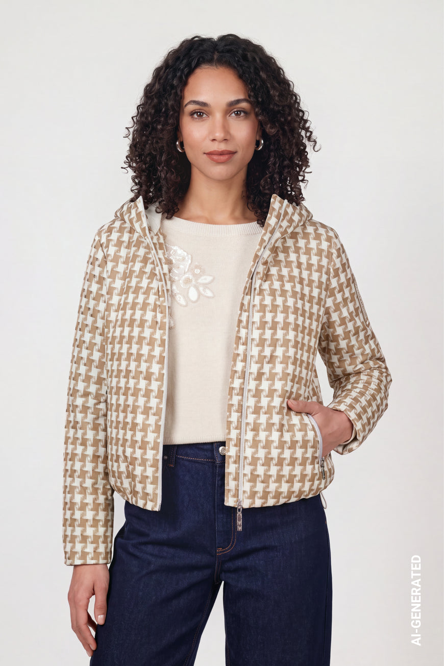 Monari 810142 Classic Hood Houndstooth Pattern Jacket With Front Zipper In Sesame Color