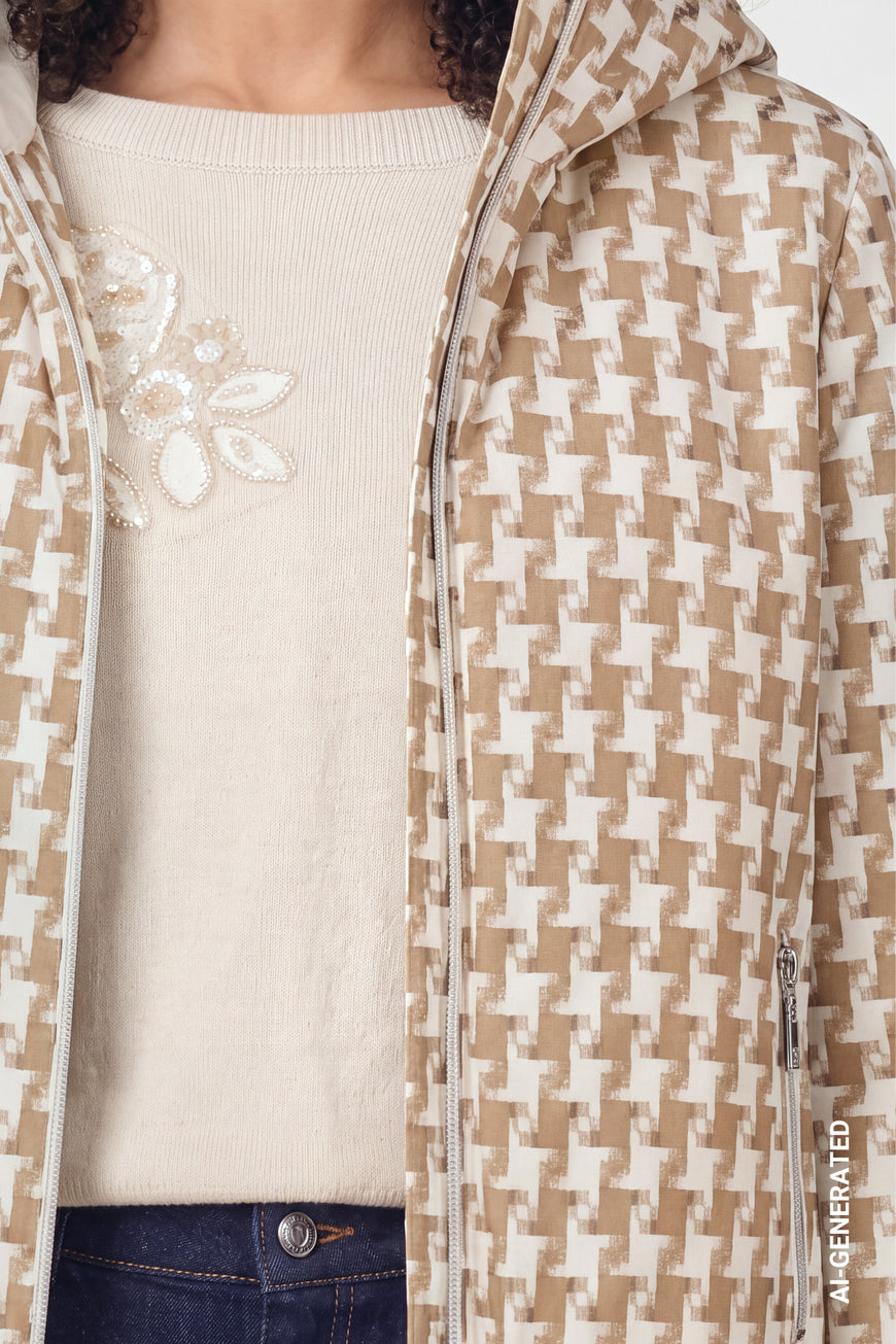 Monari 810142 Classic Hood Houndstooth Pattern Jacket With Front Zipper In Sesame Color