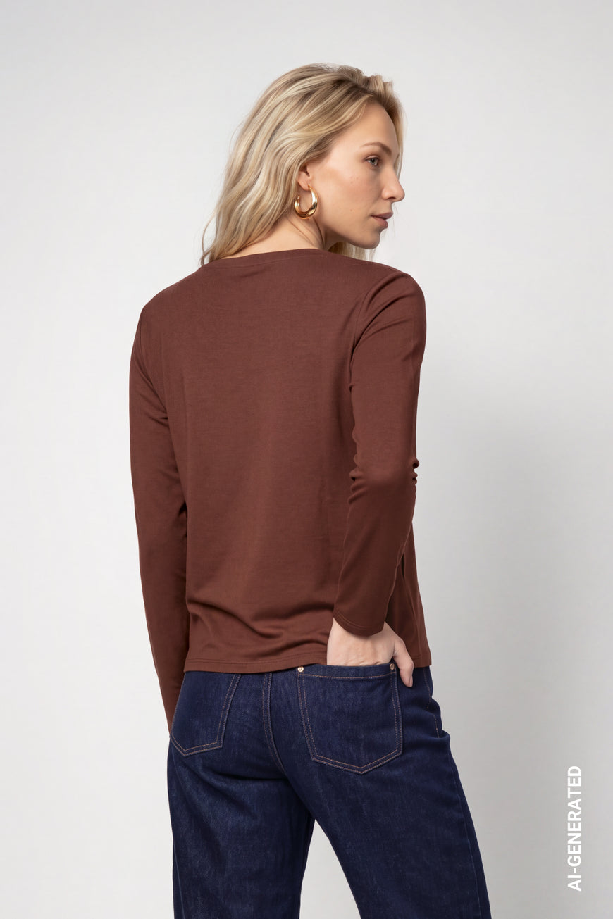 Monari 810430 Chocolate Brown Round Neck And Long Sleeves Top