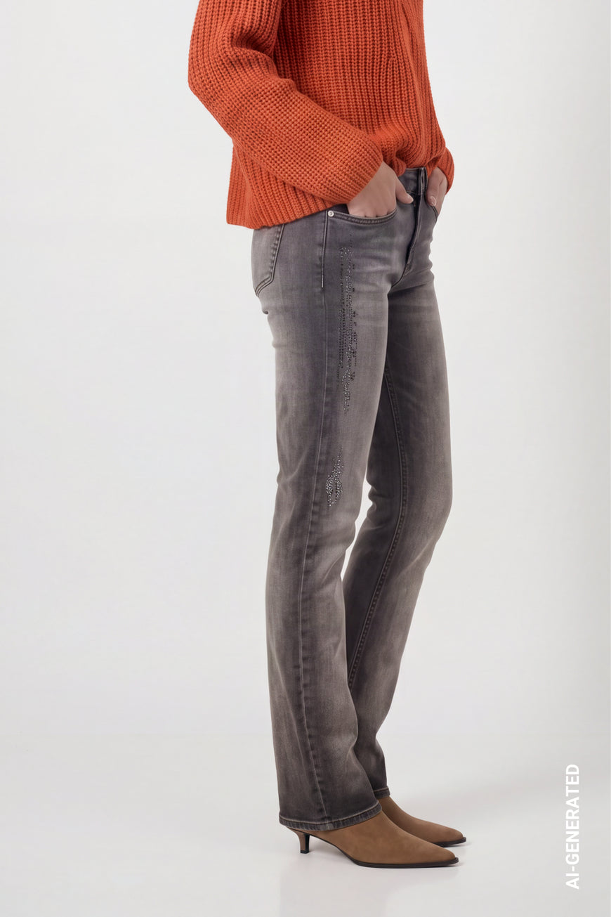 Monari 810573 Straight Leg Black Washed Jeans With Diamante Details
