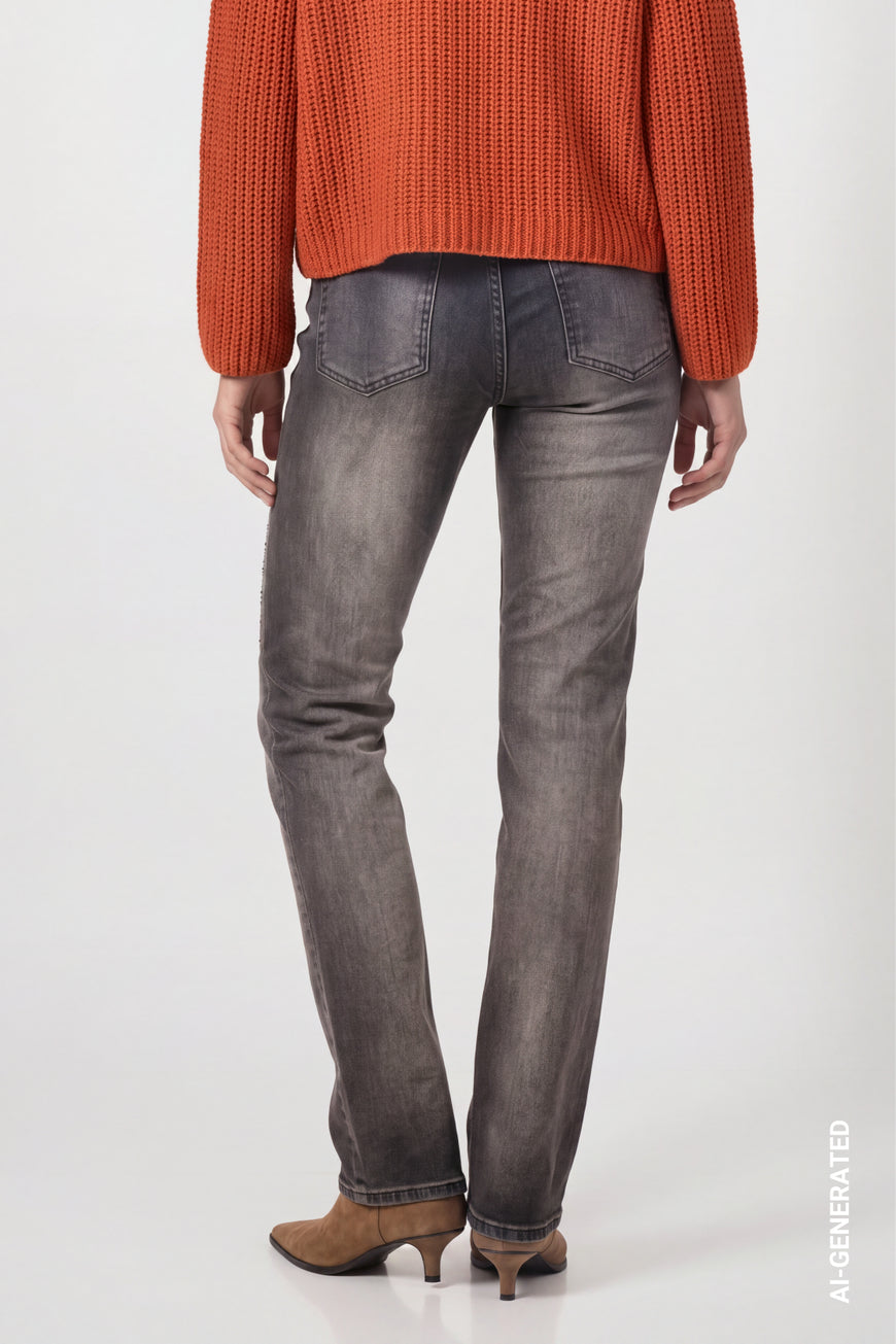 Monari 810573 Straight Leg Black Washed Jeans With Diamante Details