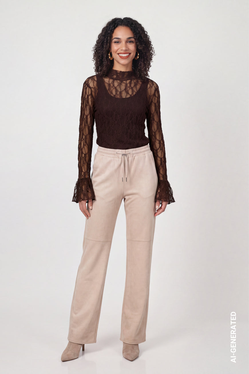 Monari 810581 Beige Color Wide Leg Velour Trousers