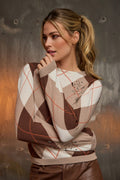 Monari 810364 Stand Up Collar Geometric Argyle Diamond Pattern Jumper In Neutral Tones