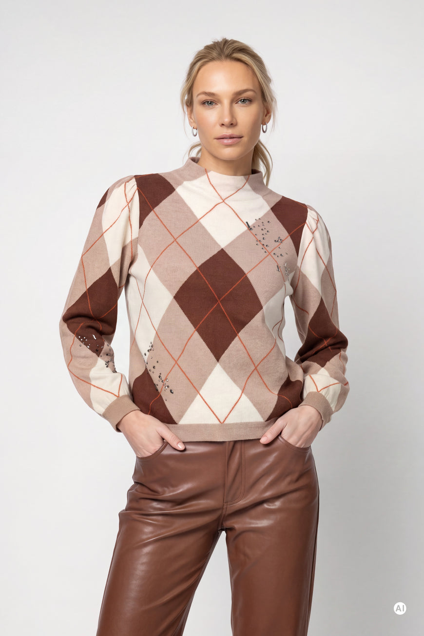 Monari 810364 Stand Up Collar Geometric Argyle Diamond Pattern Jumper In Neutral Tones