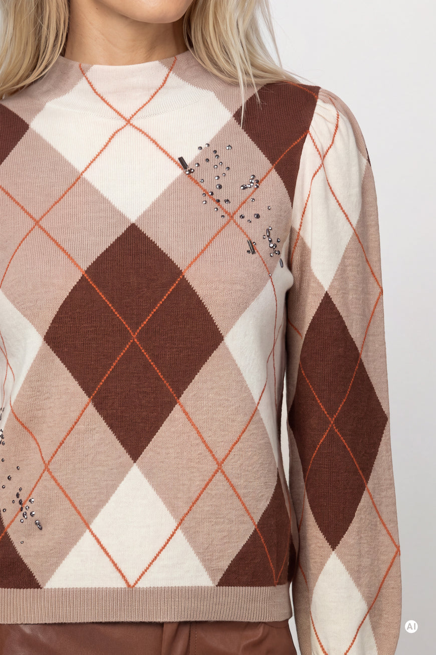 Monari 810364 Stand Up Collar Geometric Argyle Diamond Pattern Jumper In Neutral Tones