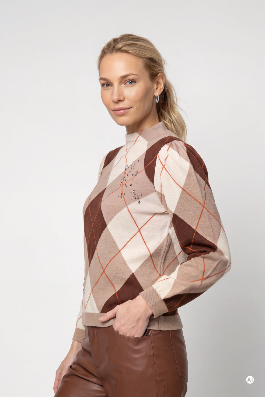 Monari 810364 Stand Up Collar Geometric Argyle Diamond Pattern Jumper In Neutral Tones