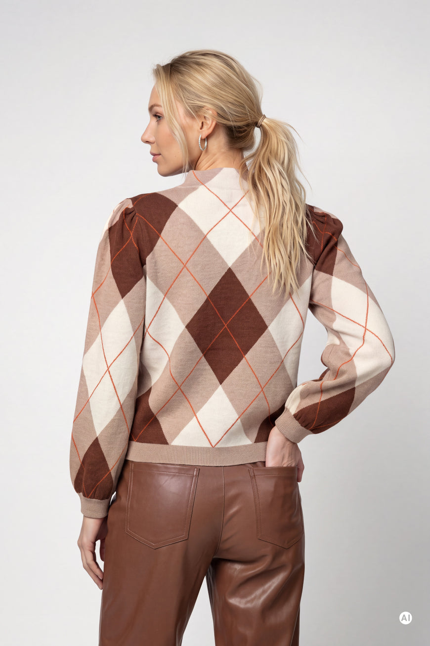 Monari 810364 Stand Up Collar Geometric Argyle Diamond Pattern Jumper In Neutral Tones