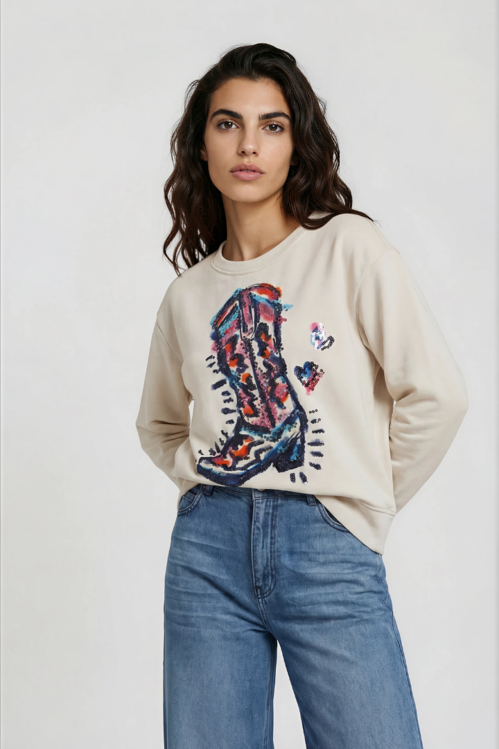 Milano Italy 6356358702 Cream Round Neck And Long Sleeves Top With Cowboy Boot Print