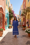 Orientique 30220 Indigo Blue Embroidered Detail Elbow Sleeve Maxi  Dress