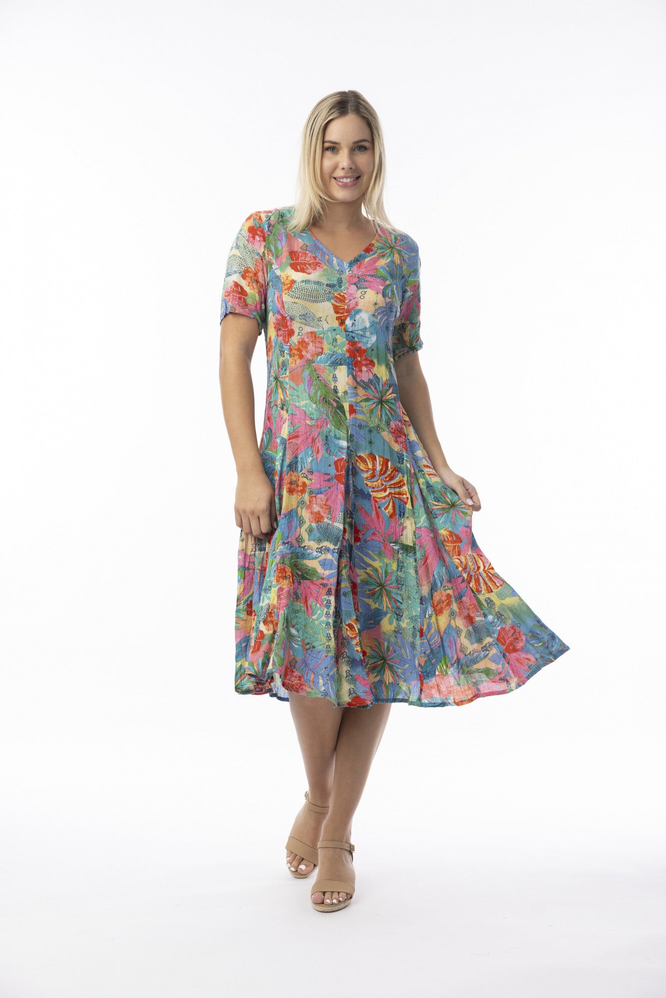Orientique 30175 Malvinas Multi Colour Print Short Slevess Godet Dress
