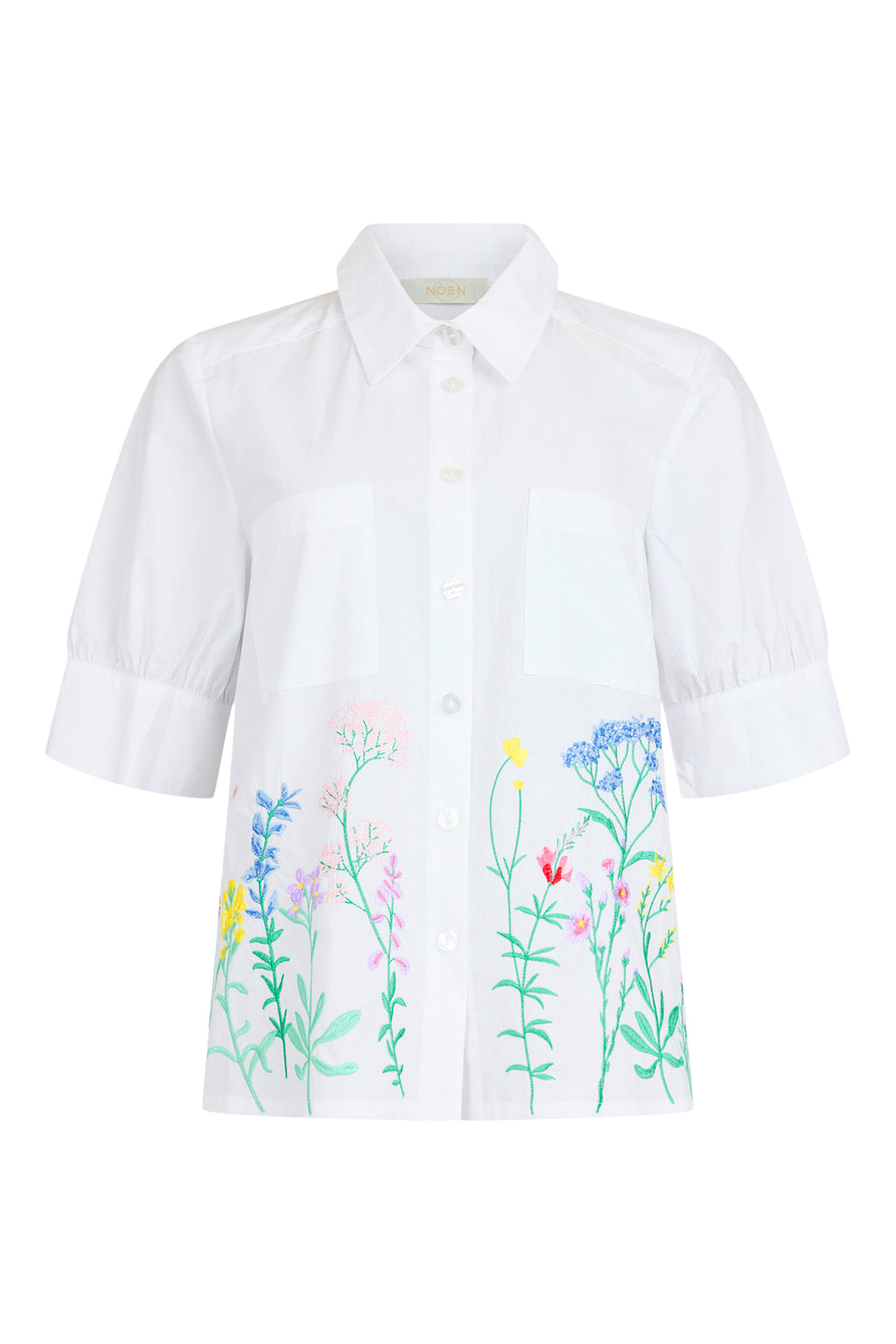 Noen 86294 White Embroidery Cotton Shirt With Meadow Floral Pattern Elbow Sleeves And Front Pockets