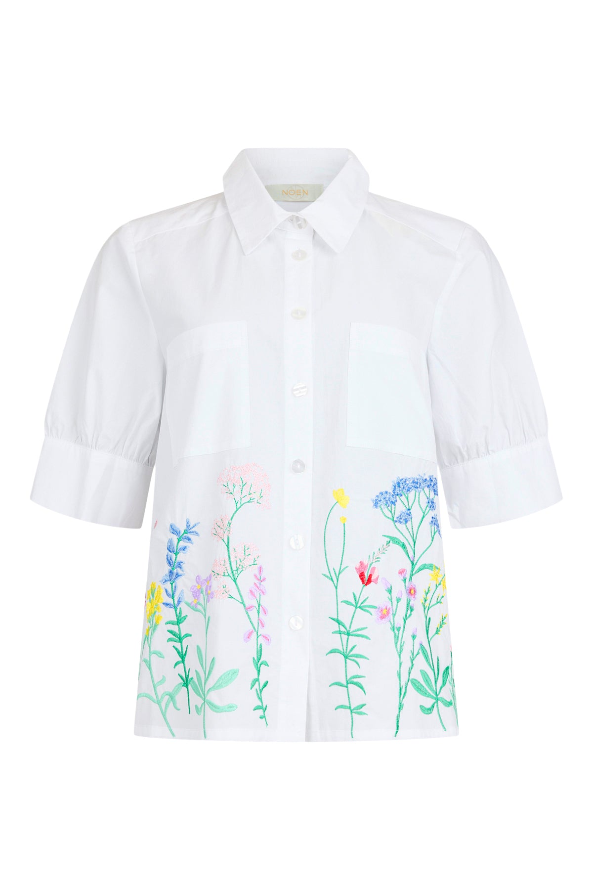 Noen 86294 White Embroidery Cotton Shirt With Meadow Floral Pattern Elbow Sleeves And Front Pockets