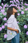 Noen 86294 White Embroidery Cotton Shirt With Meadow Floral Pattern Elbow Sleeves And Front Pockets