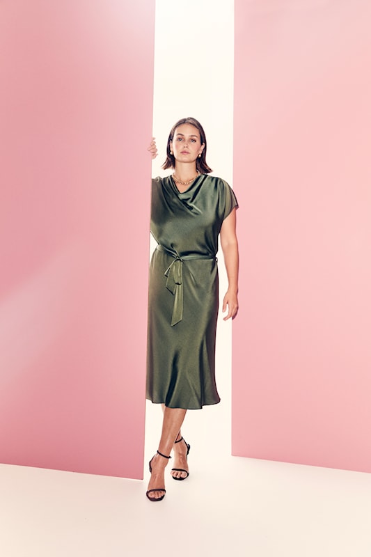 Molly Jo Olive Green Satin Belted Dress 71665