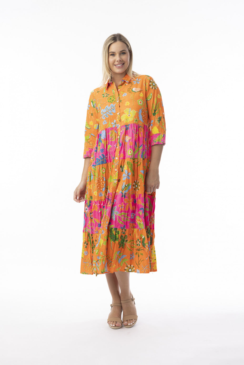 Orientique 10080 Miraflores Print Multi Colour Maxi Collar 3/4 Sleevess Dress