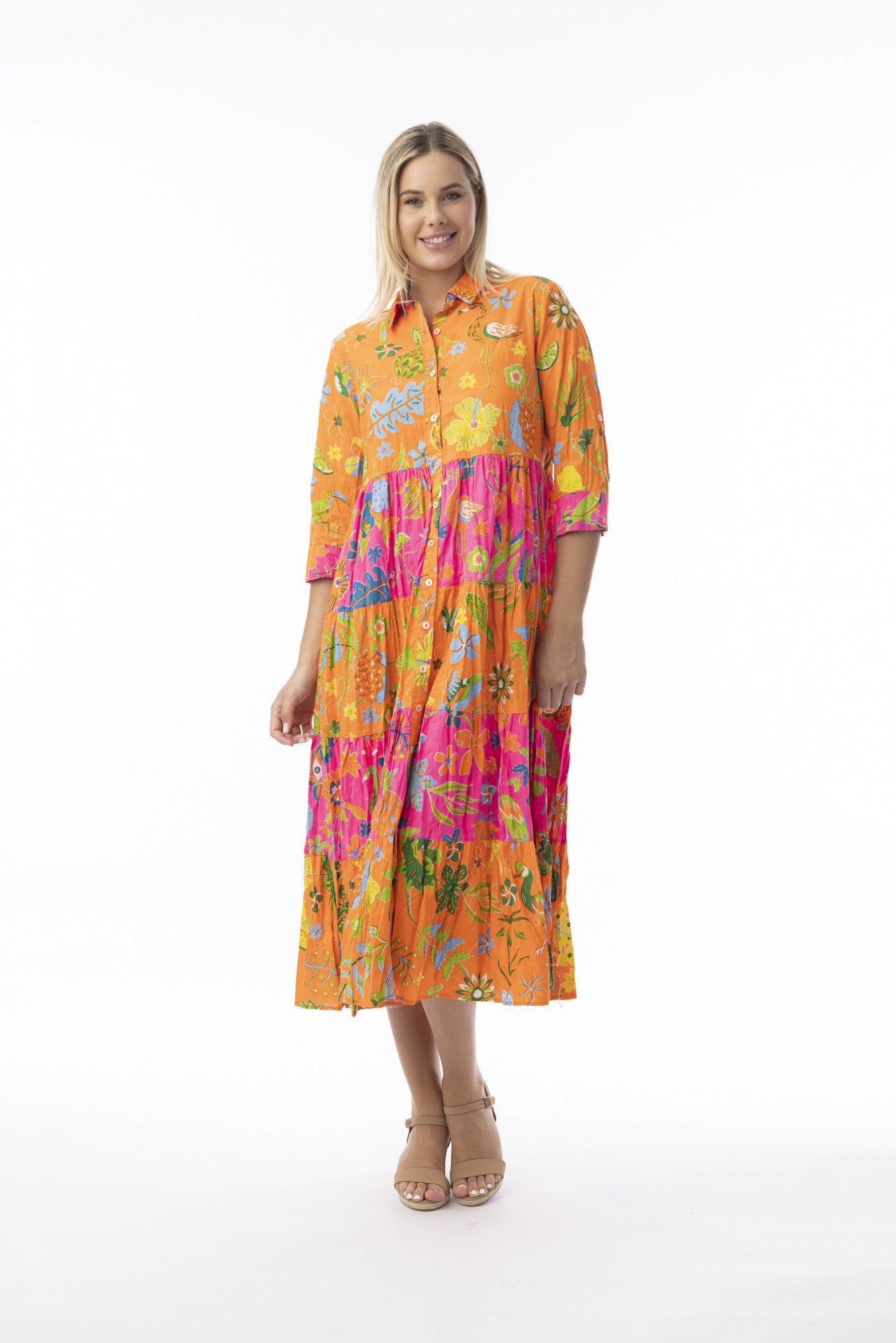 Orientique 10080 Miraflores Print Multi Colour Maxi Collar 3/4 Sleevess Dress