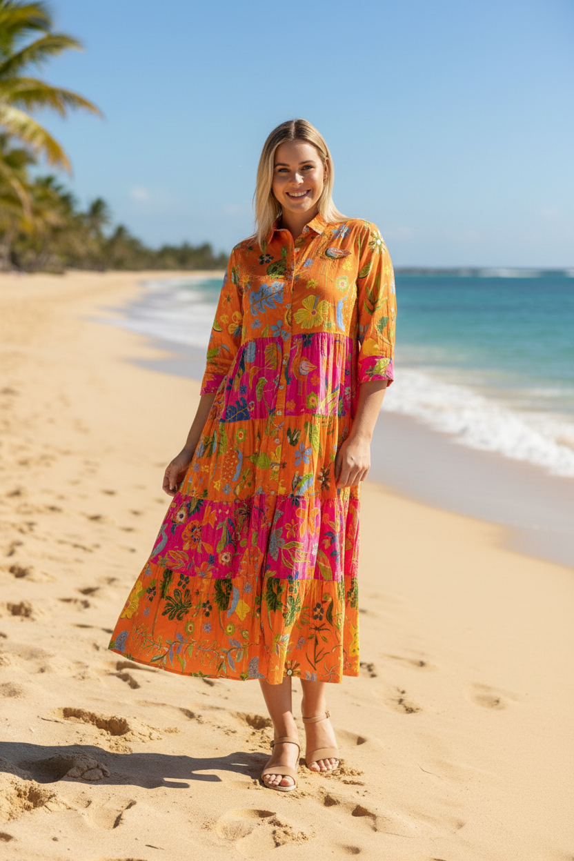 Orientique 10080 Miraflores Print Multi Colour Maxi Collar 3/4 Sleevess Dress