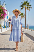 Milano Italy 6223551458 Blue Stripe Midi Dress With Ruffle And 3/4 Sleeves
