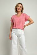 Leo & Ugo TEV655 Pink Short Sleeved T-Shirt With V Neckline And Stud Embellishment At The Front