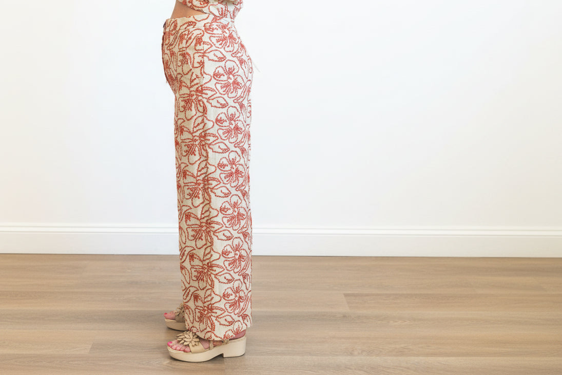 Emme 26151311722 Cotton Beige/Rusty Orange Floral Pattern Wide Leg 7/8 Lenght Trouser