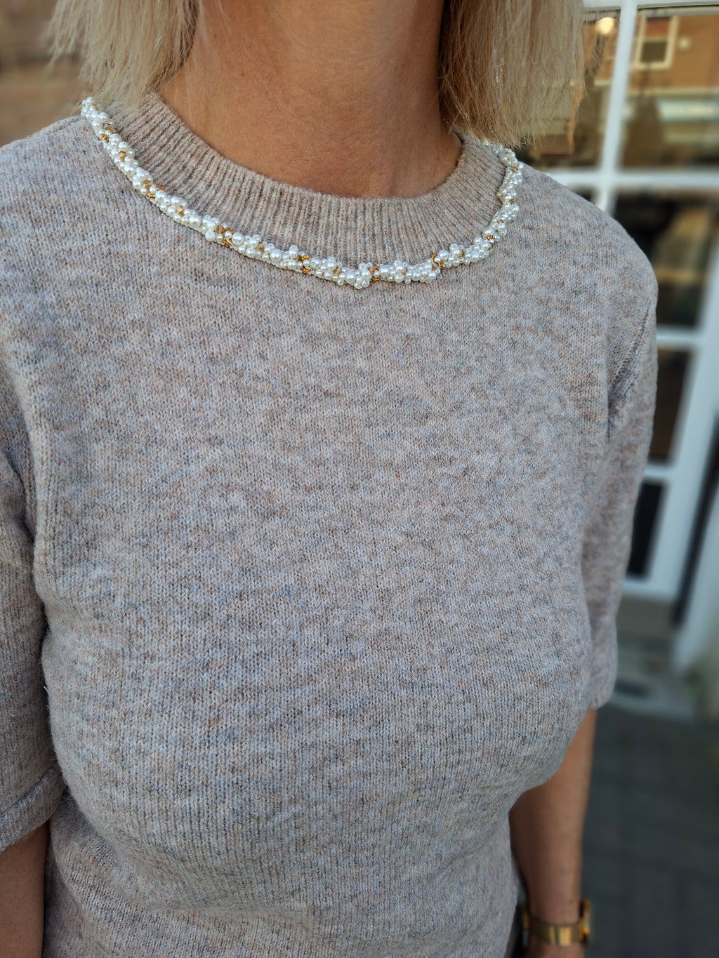 Cream 10615358 Beige Short Sleeves Knitted Top